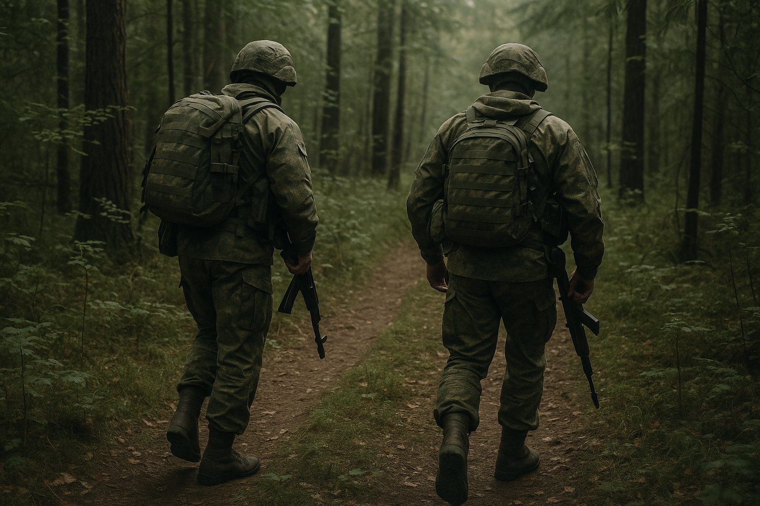 Военнослужащие на лесной тропе