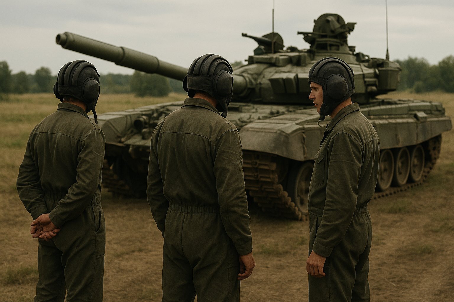 Экипаж у танка в полевом парке