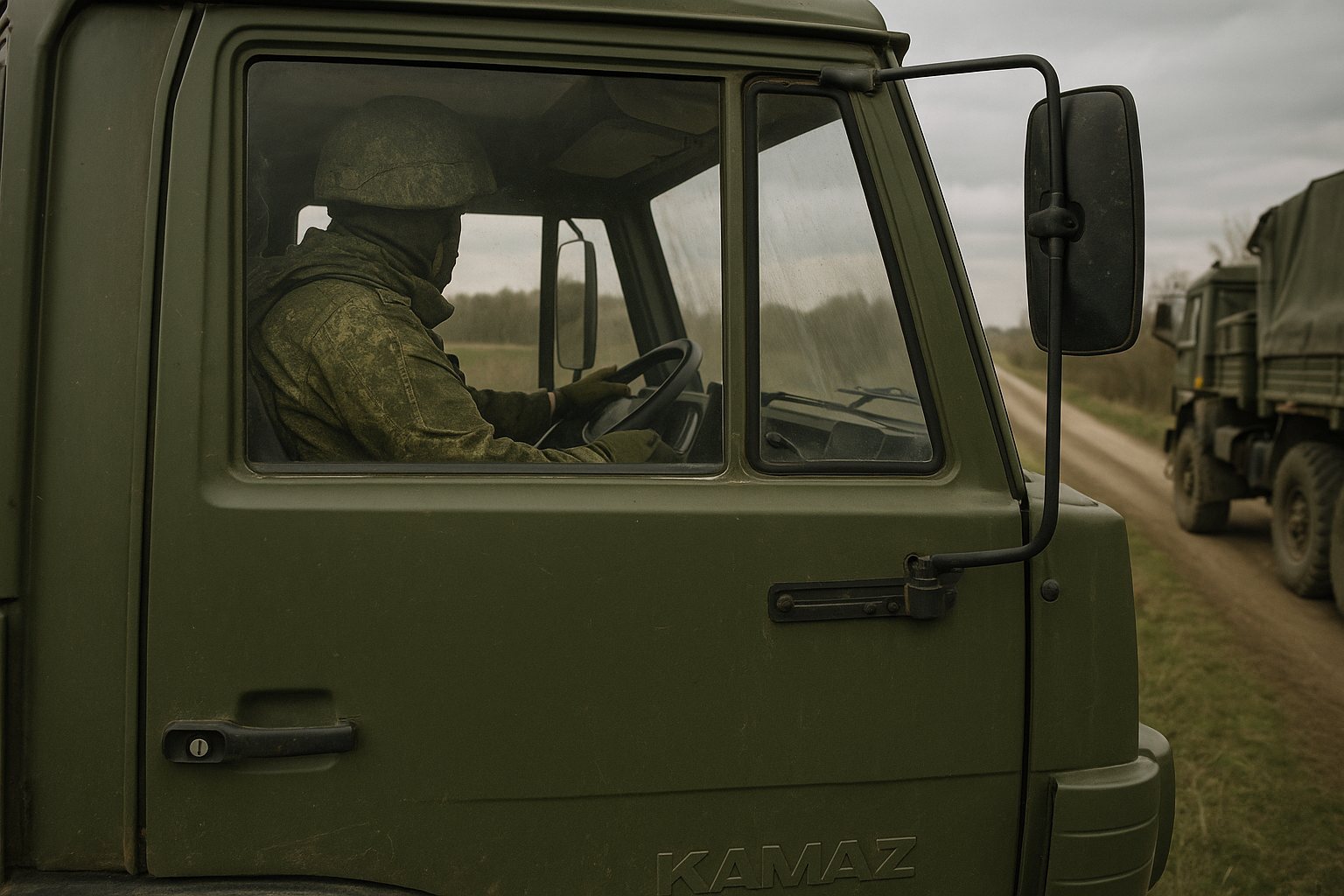 Военный водитель за рулём грузовика
